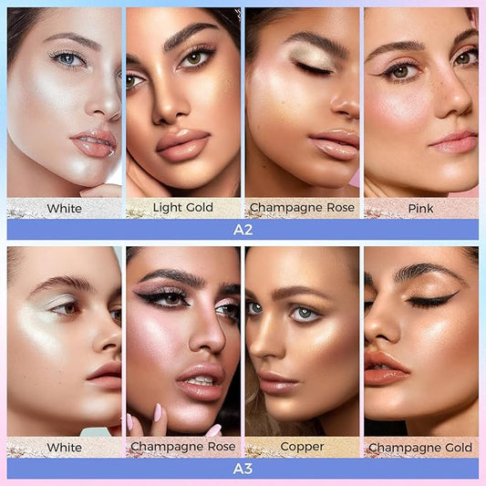 Highlighter Powder Palette, Illuminator Palette Highlighter Baked Waterproof Long Lasting Brilliant Lighten Skin Color Face Contour Powder (A3)