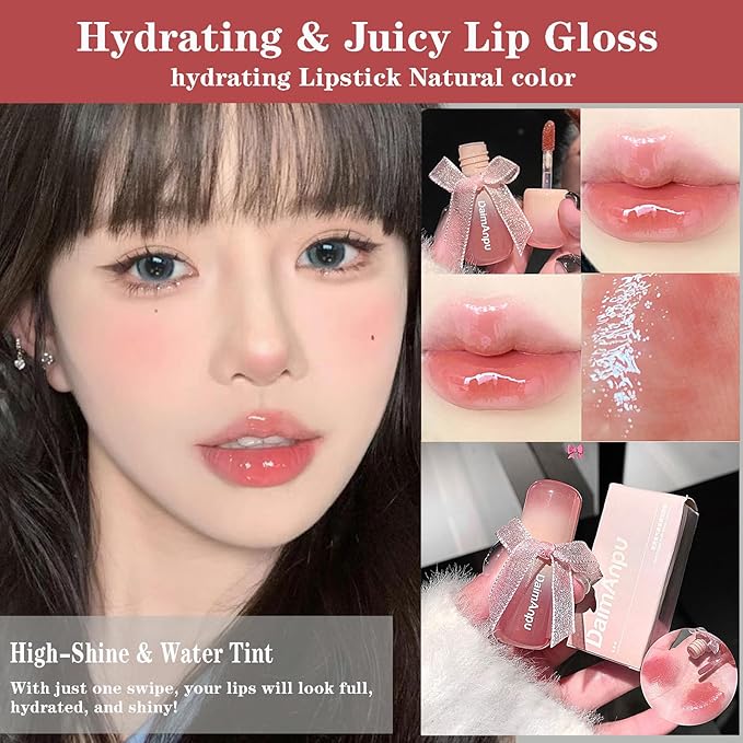 6Pcs Hydrating Lip Gloss Jelly Lipstick, Clear Oxygen Lip Glaze, Moisturizing & Plumping Water Lip Stain Waterproof Long Lasting Cute Makeup for Girls