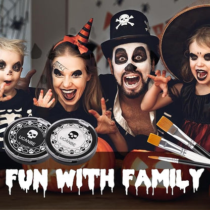 UCANBE Black White Face Body Paint with Painting Brush Kit, Cream-to-Powder Goth White Foundation + Black Greasepaint for Kids & Adult Halloween, SFX Makeup Set for Clown Skull Mime Cosplay & Costume
