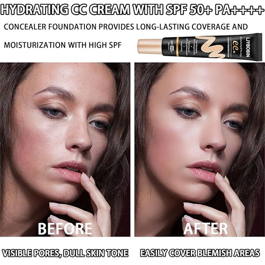 Hydrating CC Cream with SPF 50+ PA++++,Waterproof Flawless Concealer Full Coverage BB Cream for All Skin Types,Long Lasting Moisturizing Full Coverage Liquid Foundation for Men & Women（Natural）