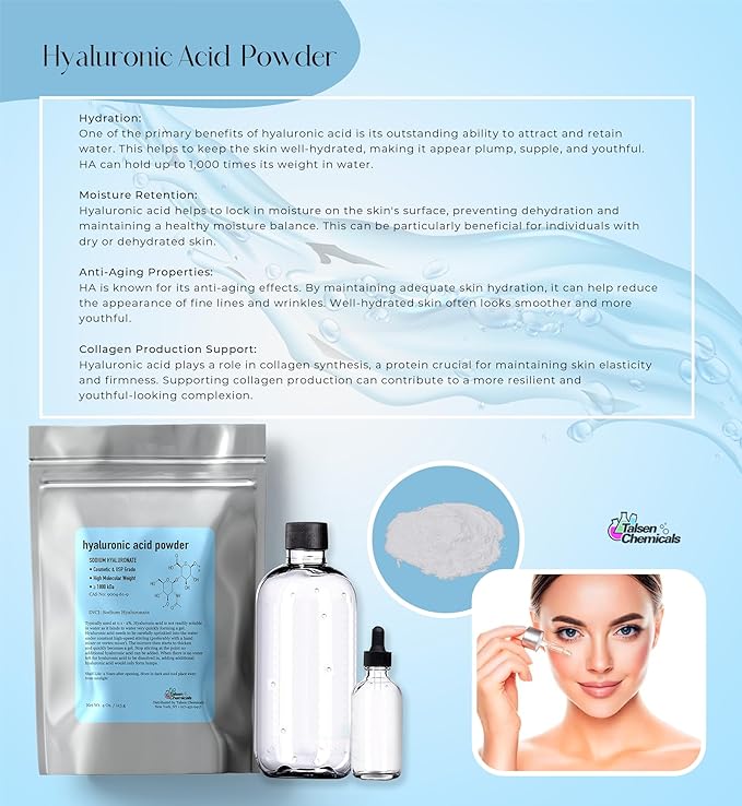 Hyaluronic Acid Powder (1 oz. / 28 grams) 1800 kDa+ Pure Hyaluronic Acid Powder Natural Cosmetic Grade, Hyaluronic Acid High Molecular Weight Powder, DIY Hyaluronic Acid Serums
