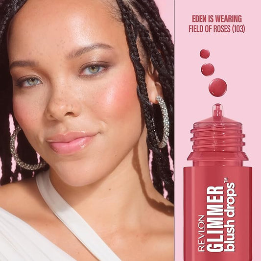 Revlon Glimmer Blush Drops, Liquid Blush for Cheeks, Liquid to Velvety Powder Finish, Glowy, High Pigment, 103 Field of Roses, 0.32 fl oz