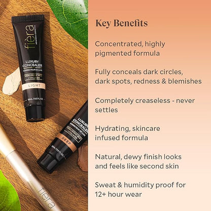Fièra Luxury Concealer & Foundation with Anti-Aging Ingredients - Full Coverage for Dark Circles, Wrinkles, Fine Lines, and Spots, All-Day Wear For Mature Skin - Tan, 0.5 FL. OZ. / 15 ML