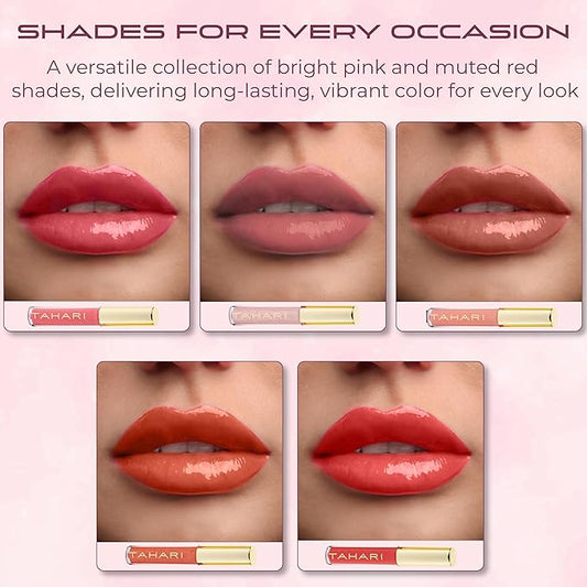 VOTUM Tahari 5pc Lip Gloss Set – Shimmery Lip Glosses for Women and Girls, Non-Sticky, High Shine with Pink & Red Finishes