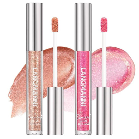 LANGMANNI 2 Colors Diamond Glitter Lip Gloss Set,Long Lasting High Shine Shimmer Liquid Lipstick Set,Hydrating,Moisturizing Lip Gloss Kit Gift Makeup For Girls(#03+04)