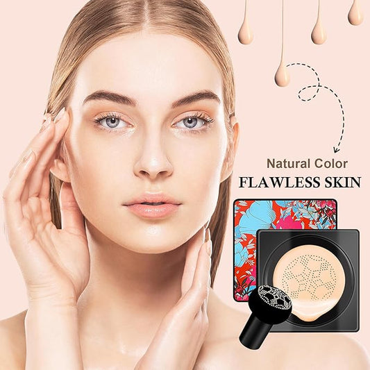 Mushroom Head Air Cushion CC Cream Set,3PCS BB Cream Full Coverage Foundation,Moisturizing Oil Control CC Cream Cushion Foundation,Matte Nude Makeup Foundation & Makeup Sponge (Natural)