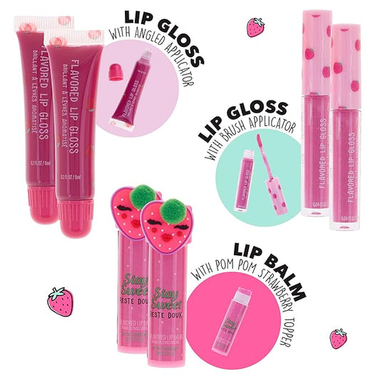EXPRESSIONS 6pc Lip Set - Strawberry Flavored Lip Gloss & Balm Kit, Fruity Flavored for Girls | Safe and Non-Toxic Gift Set