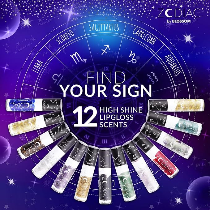 Blossom Lip Gloss Zodiac Sign Vanilla Scented Roll-On Lip Gloss, Moisturizing + Hydrating with Zodiac Crystals, Made in USA, 0.20oz, Sagittarius