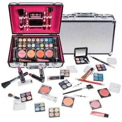 BRAND NAME Carry All Makeup Train Case with Pro Makeup and Reusable Aluminum Case - Silver