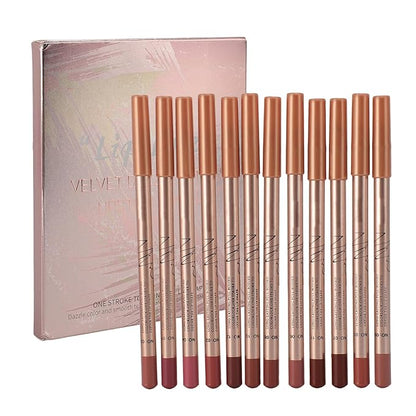 12PCS Long Lasting Lipliner Set High Pigmented, Smudge Proof Lip Makeup Pencil for Daily Use, Silky Smooth Application with 3mm Fine Tip
