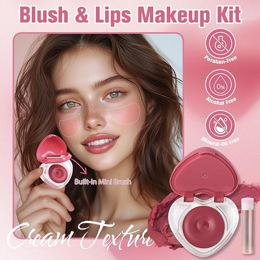 Heart-Shaped Cream Blush for Cheeks & Lips – 2-in-1 Tinted Lip and Cheek Balm Kit with Mini Brush – Blendable Dewy Blusher Face Makeup for Women, Portable Compact for Travel & On-the-Go Touch Ups 04