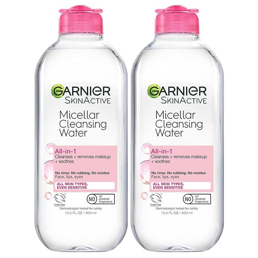 Garnier Micellar Water, Hydrating Facial Cleanser & Makeup Remover, Suitable for Sensitive Skin, Vegan, Cruelty Free, 13.5 Fl Oz (400mL), 2 Count