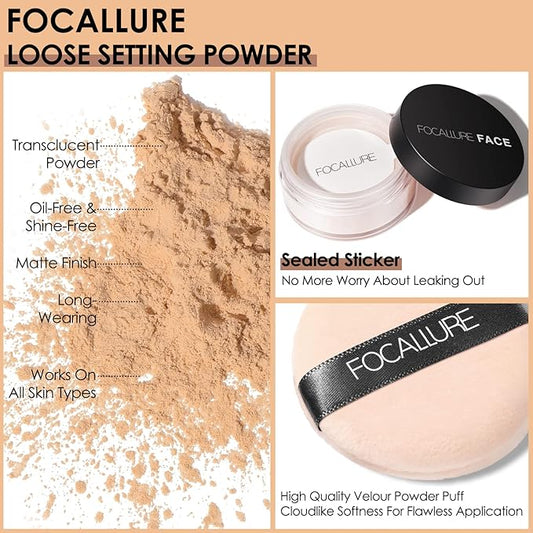 FOCALLURE Oil Control Loose Face Powder, Translucent Loose Setting Powder, Shine-Free Matte Finishing Powder, Long-lasting & Lightweight Sets Foundation Makeup, Includes Velour Powder Puff, Nude