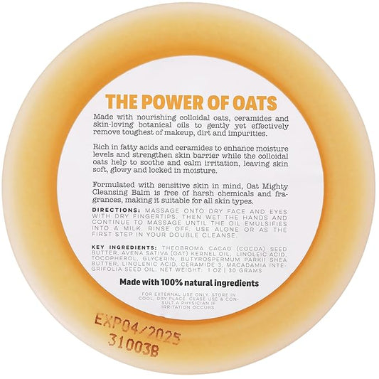 Handmade Heroes 100% Natural Oat Cleansing Balm Eye Makeup Remover with ceramides - Balm to Oil Cleanser Oat Mighty Face Cleansing Balm - Sensitive Skin and All Skin types