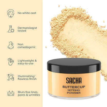 Sacha BUTTERCUP Setting Powder. No Ashy Flashback. Blurs Fine Lines and Pores. Loose, Translucent Face Powder to Set Makeup Foundation or Concealer. For Medium to Dark Skin Tones, 1.75 oz.