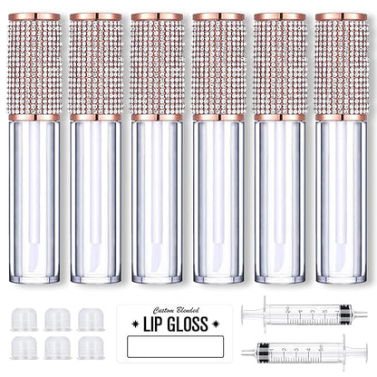 AMORIX 6pcs Lip Gloss Tubes with Wand 5ml Empty Rhinestone Lip Gloss Containers Lipgloss Bottles Crystal Lipgloss Supplies Kit with Syringe