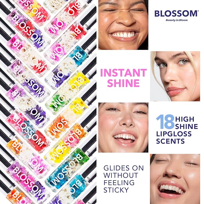 Blossom Roll on Lip Gloss, Scented Clear High Shine Moisturizing Lip Oil, Non Sticky, Infused with Real Flowers, Made in USA, 0.3 fl. oz./9ml, 3 pack Mini Gift Set, Strawberry, Watermelon, Mango