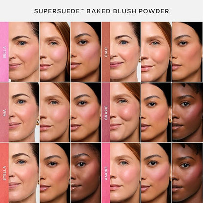 Saie SuperSuede Baked Blush - Talc-Free Powder Blush for All Day Wear - Enriched with Plant-Derived Squalane + Glycerin to Help Moisturize Dry Skin - Stella (.01 Ounce)