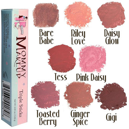 Mommy Makeup Triple Sticks Lipstick, Cream Blush & Teatment All-In-One with Shea & Cocoa Butter - Soft & Creamy Moisturizing Lip Crayon For Lips & Cheeks (Pink Daisy)