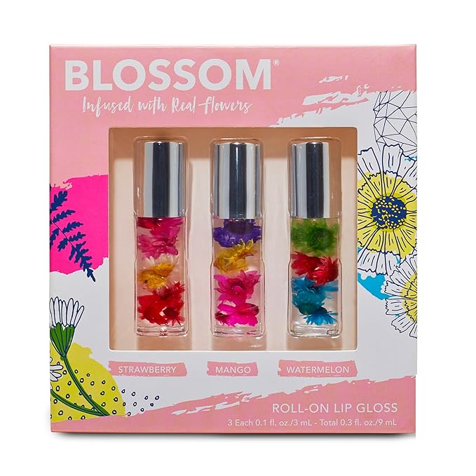 Blossom Roll on Lip Gloss, Scented Clear High Shine Moisturizing Lip Oil, Non Sticky, Infused with Real Flowers, Made in USA, 0.3 fl. oz./9ml, 3 pack Mini Gift Set, Strawberry, Watermelon, Mango