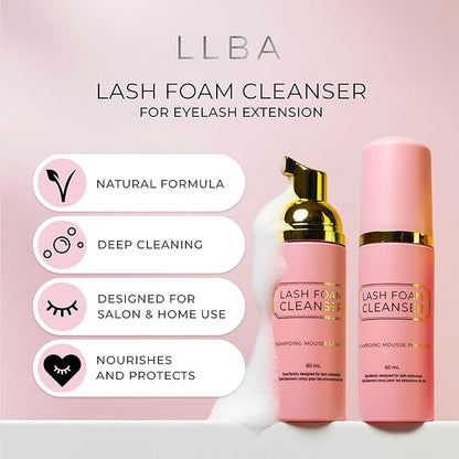 LLBA 60ML Eyelash Extension Cleanser - Lash Shampoo for Lash Extensions, Lash Bath for Dry & Sensitive Skin, Removes All Make-Up Including Waterproof Make-Up (Lash Shampoo (60ML))