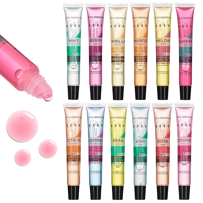 EXPRESSIONS 12pc Lip Gloss Lip Oil Collection – Lip Gloss Tubes with Essential Oils, Moisturizing, Hydrating Lip Glosses, Lip Glow Oil, Hydrating Lip Balm