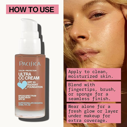 Pacifica Ultra CC Cream Radiant Foundation SPF 17 - Warm-Tan – Medium Coverage Color Correcting Foundation, Dewy Finish, Mineral SPF, 1 oz