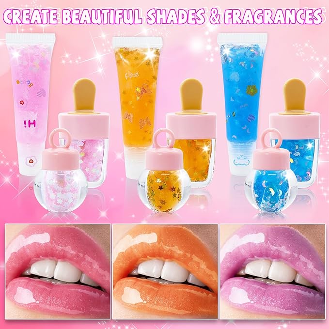 DIY Lip Gloss Making Kit 74 PCS, Yellow Kids Lip Gloss Supplies Set Beginner, Fun Craft Set Moisturizing Base, Gift for Girls, Kids, Teenagers, Women