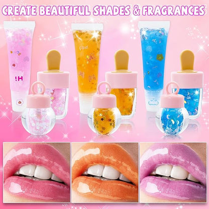 DIY Lip Gloss Making Kit 74 PCS, Yellow Kids Lip Gloss Supplies Set Beginner, Fun Craft Set Moisturizing Base, Gift for Girls, Kids, Teenagers, Women