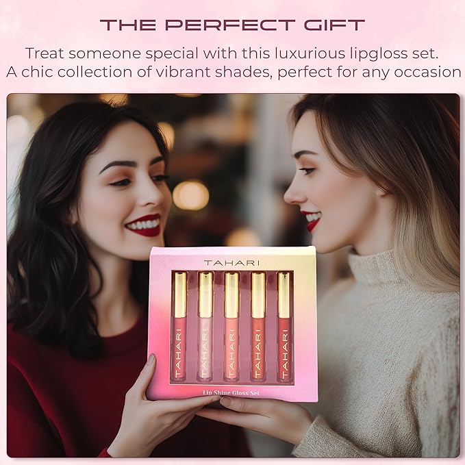VOTUM Tahari 5pc Lip Gloss Set – Shimmery Lip Glosses for Women and Girls, Non-Sticky, High Shine with Pink & Red Finishes