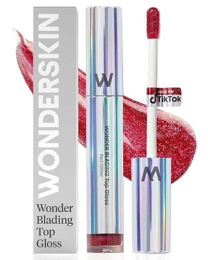 Wonderskin WONDER BLADING Top Gloss - Red Glitter Lip Gloss, Hydrating and High Shine Finish Lip Makeup (Red Glitter)