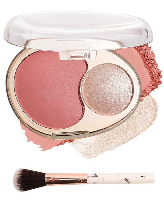 Blush and Highlighter Palette,2 in 1 Rose Pink Blusher Champagne Shimmer Highlighter, Matte Blusher and Bronzer for Face Cheeks, Longlasting Waterproof Facial Makeup Set with Brush, Gift for Women-04