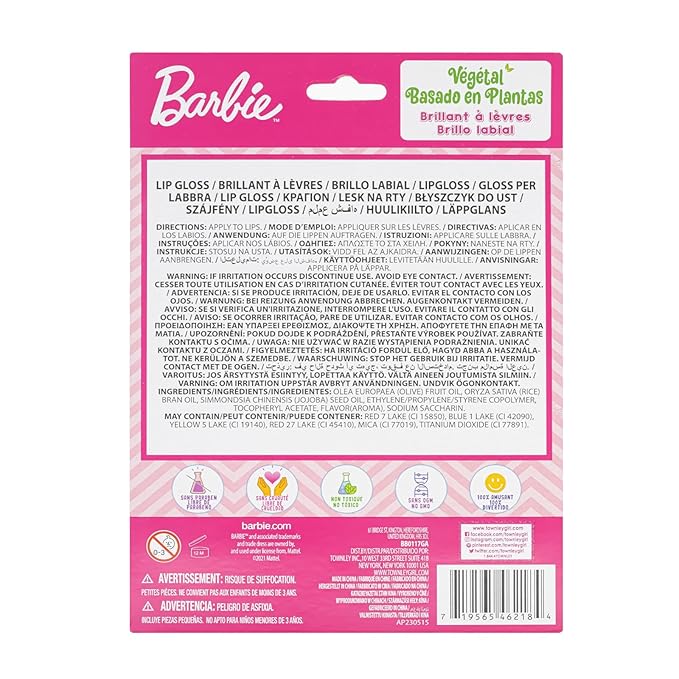 Barbie 7 Piece Plant Based Lip Gloss, Girls Party Favors, First Makeup Set for Girl, Perfect for Parties, Sleepovers, and Birthday Gifts, Ages 3+, by Townley Girl