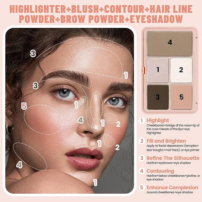 Cool Toned Contour Palette Makeup, All in 1 Highlighter Blush Bronzer Palette for Women, Smooth Long Wear Buildable Nude Primer Powder Three-Dimensional Natural Contouring Face Cosmetic Gift