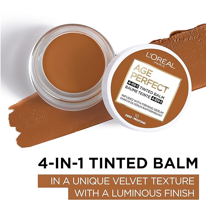 L'Oreal Paris Age Perfect 4-in-1 Tinted Face Balm Foundation with Firming Serum, Deep 10, 0.61 Ounce