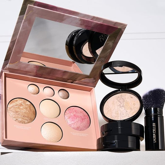 LAURA GELLER NEW YORK Baked Starter Kit: Fair, Best of the Best Full Face Palette + Baked Balance-n-Brighten Powder Foundation + Retractable Angled Kabuki Brush Set