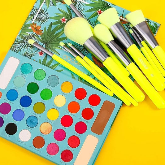Docolor Makeup Brushes 10 Piece Makeup Brushes Set + 34 Colors Tropical Eeyshadow Palette Pigmented Matte Shimmer Metallic Blendable Soft Cream Powder Makeup Eye Shadow Palettes for Christmas Gift