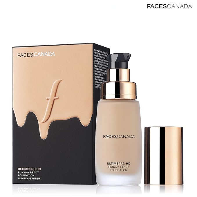 Faces Canada HD Runway Ready Foundation, Red Orange Extract & Gold particles, High Coverage, Oil-Free, Flawless Radiance, Vegan & Cruelty Free, Paraben Free, Ivory 01 (Beige), 1.01 Fl Oz