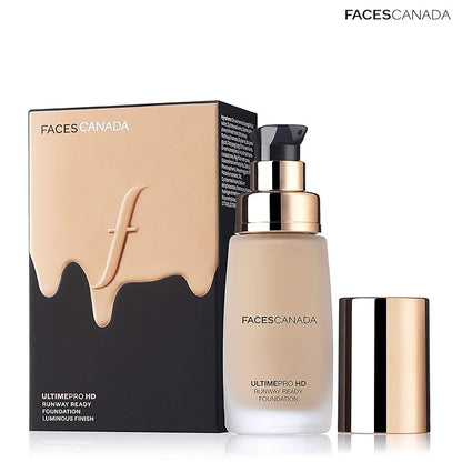 Faces Canada HD Runway Ready Foundation, Red Orange Extract & Gold particles, High Coverage, Oil-Free, Flawless Radiance, Vegan & Cruelty Free, Paraben Free, Ivory 01 (Beige), 1.01 Fl Oz