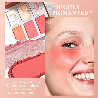 KYDA 6 Colors Blush Palette, Natural Glossy Blush and Highlighter Duo, Buildable Cheek Color, Matte Shimmer Face Blusher Makeup, Lightweight Smooth Powder