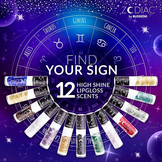 Blossom Lip Gloss Zodiac Sign Vanilla Scented Roll-On Lip Gloss, Moisturizing + Hydrating with Zodiac Crystals, Made in USA, 0.20oz, Gemini