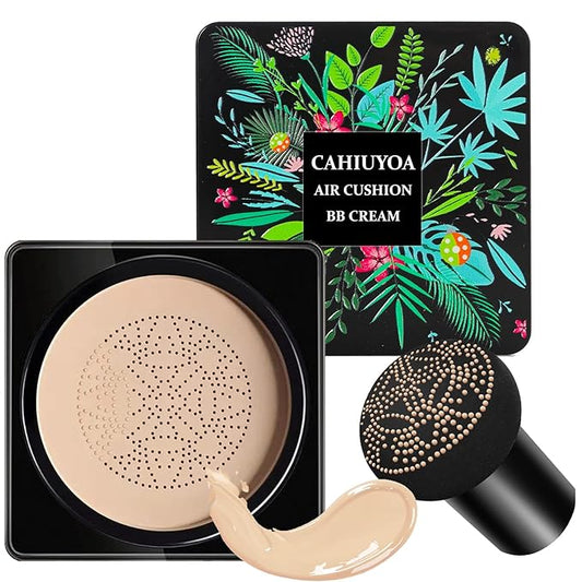 1PCS Mushroom Head Air Cushion CC Cream,CAHIUYOA BB Cream Foundation Full Coverage Concealer Long Lasting Liquid Matte Makeup Foundation with Mushroom Makeup Sponge-Ivory