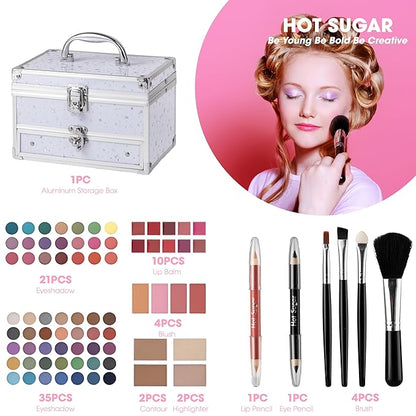 Hot Sugar Makeup Kit for Teen Girls, Kids Makeup Set for Girls Includes Eyeshadow, Lip Gloss, Blush, Highlighter, Bronzer, Lip Pencil, Eye Pencil, Brush and Makeup Box (WHITE)