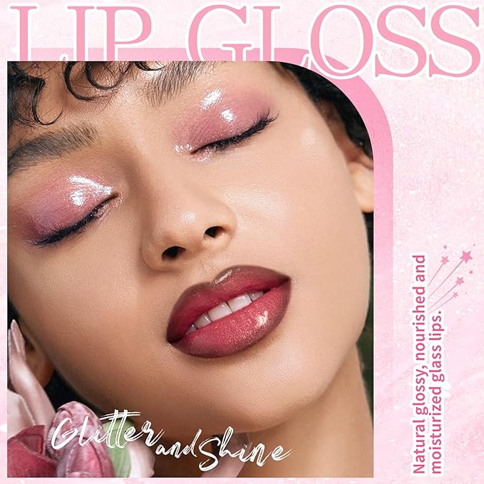 Glitter Lip Gloss with Brown Lip Liner Set Lip Combo, Moisturizing High Shine Shimmer Lip Glow Oil Fresh Lightweight Glossy Plumping Lip Tint for Women Long Wear Liquid Lipstick Makeup#8