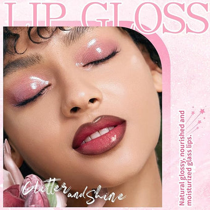 Glitter Lip Gloss with Brown Lip Liner Set Lip Combo, Moisturizing High Shine Shimmer Lip Glow Oil Fresh Lightweight Glossy Plumping Lip Tint for Women Long Wear Liquid Lipstick Makeup#8