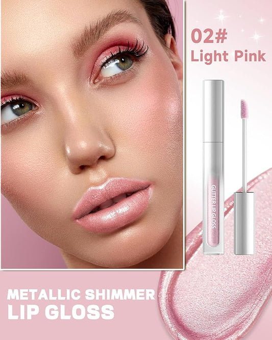 Light Pink Metallic Liquid Lipstick, Non-Stick Cup Glitter Lip Gloss, High Pigmented Lip Color with Transfer-proof Wear, Long Lasting Waterproof Shimmer Sparkly Lipstick Cosplay Makeup for Women-02