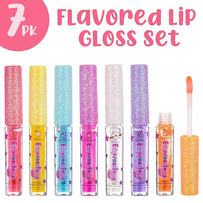 7pc Fruity Flavored Lip Gloss Set - Lip Gloss in Assorted Fruity Flavors, Non Toxic Makeup for Kids & Teens