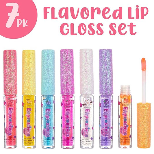 7pc Fruity Flavored Lip Gloss Set - Lip Gloss in Assorted Fruity Flavors, Non Toxic Makeup for Kids & Teens