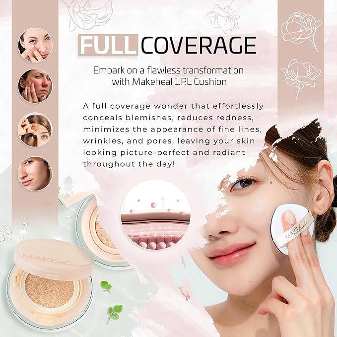 [Makeheal] 1.P.L Cushion with SPF 40 PA++, Conceal Blemishes and Reduce Redness, A Full and All-Day Wear Coverage with a Lightweight Formula & Semi Matte Finish, Korean Beauty & Skincare (19N - Purity)