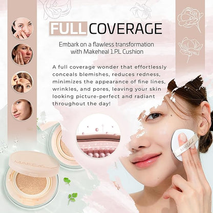 [Makeheal] 1.P.L Cushion with SPF 40 PA++, Conceal Blemishes and Reduce Redness, A Full and All-Day Wear Coverage with a Lightweight Formula & Semi Matte Finish, Korean Beauty & Skincare (19N - Purity)
